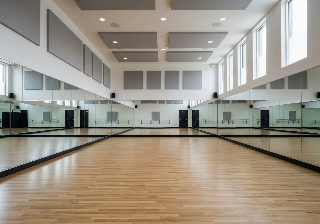 Modern dance studio with full acoustic treatment including ceiling baffles, wall panels, and floor-to-ceiling mirrors
